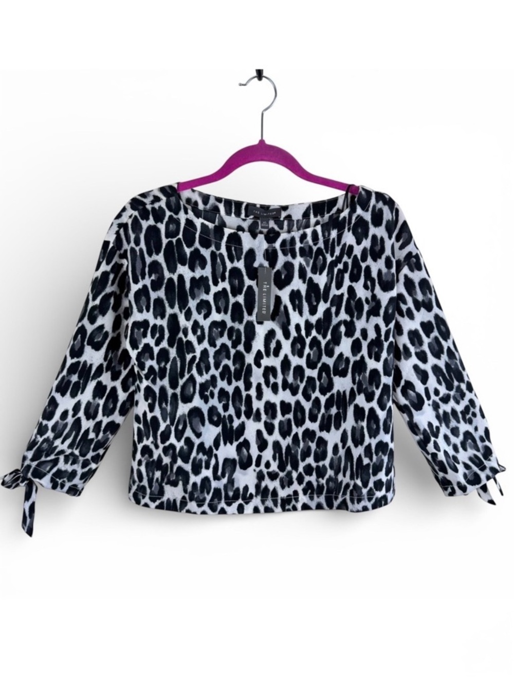 The Limited Leopard Print Boat Neck Blouse Black Cream Tie Sleeve Size XS New